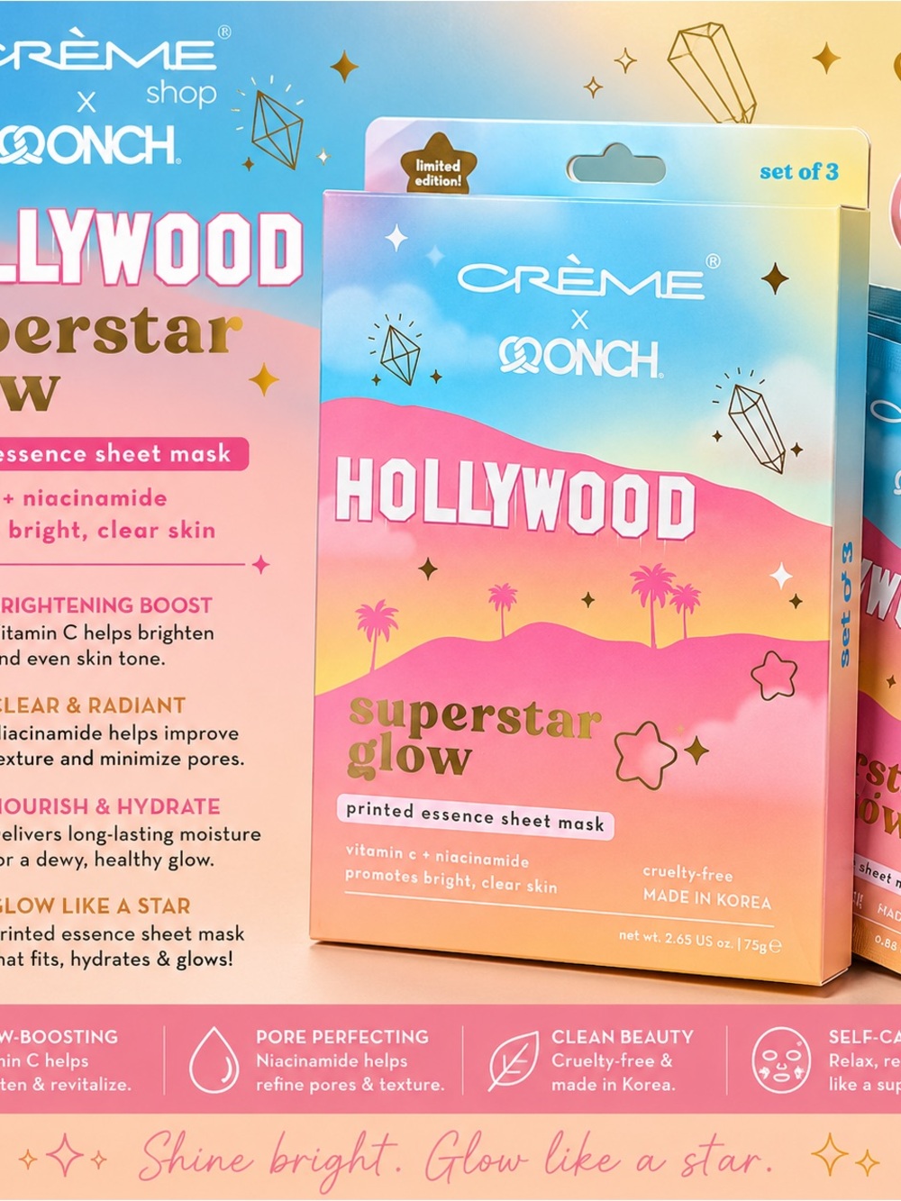CRÈME x QONCH Hollywood Superstar Glow Sheet Mask – Pink & Blue